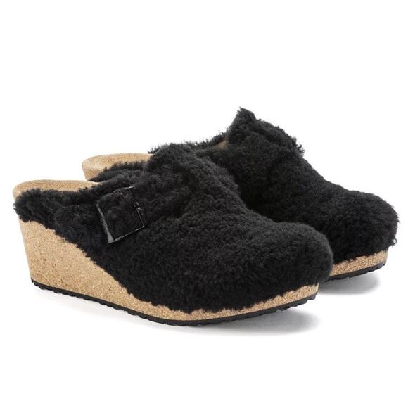 Birkenstock Papillion Black Shearling Cork Wedge Clog Mule EU 38 US 7 Wm’s NWT - Picture 3 of 12